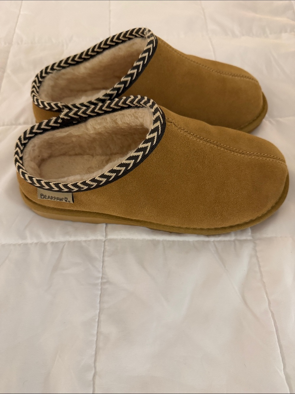 BearPaw Women’s Chestnut Suede Shearling Slip-On Clog with Chevron Trim